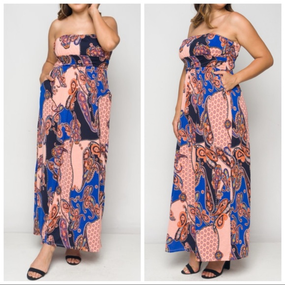 ❤️NEW 1X Peach Blue Paisley Strapless Dress - Picture 2 of 8